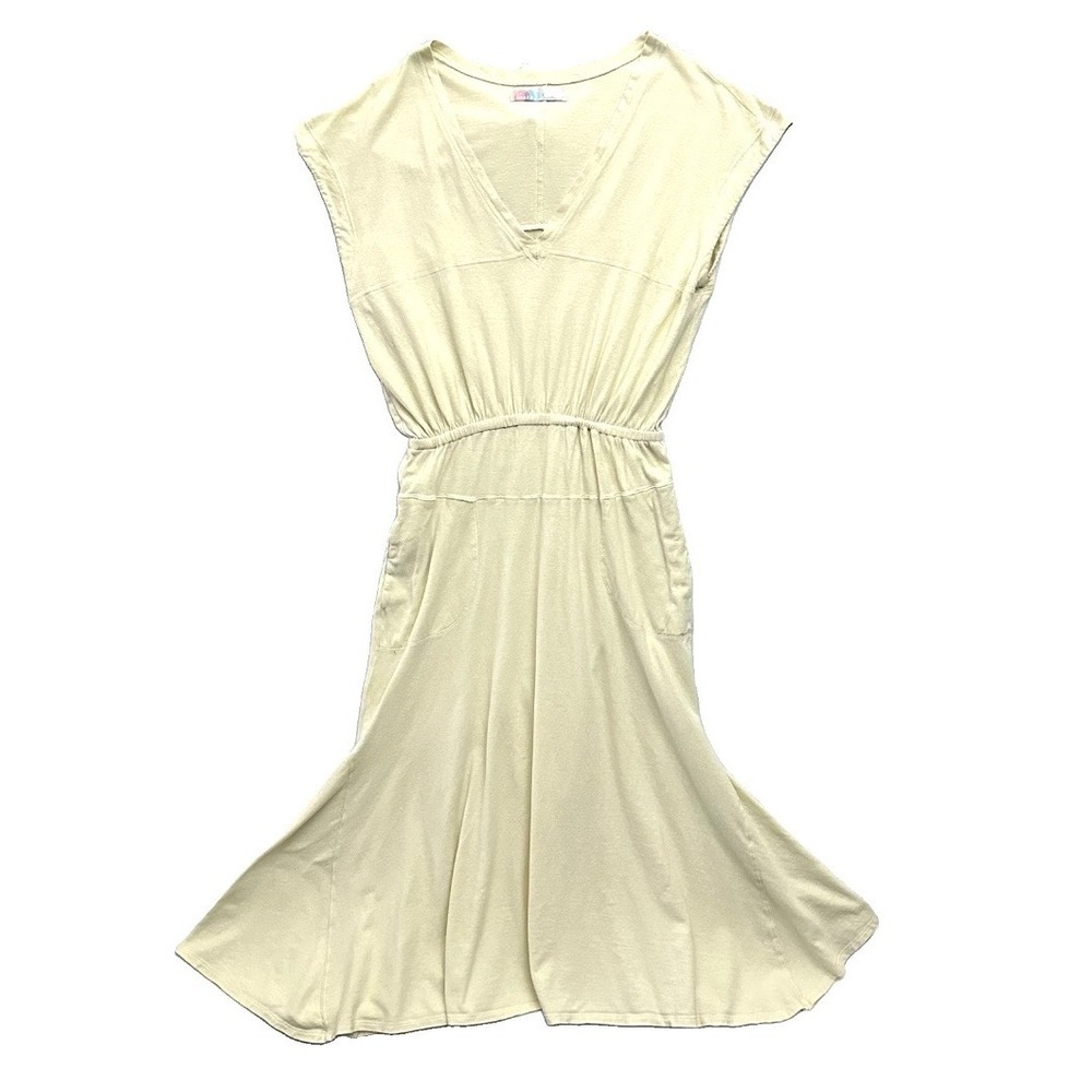 Free People FP Beach Large L Pale Yellow Hemp Elastic Waist Maxi Dress Pockets